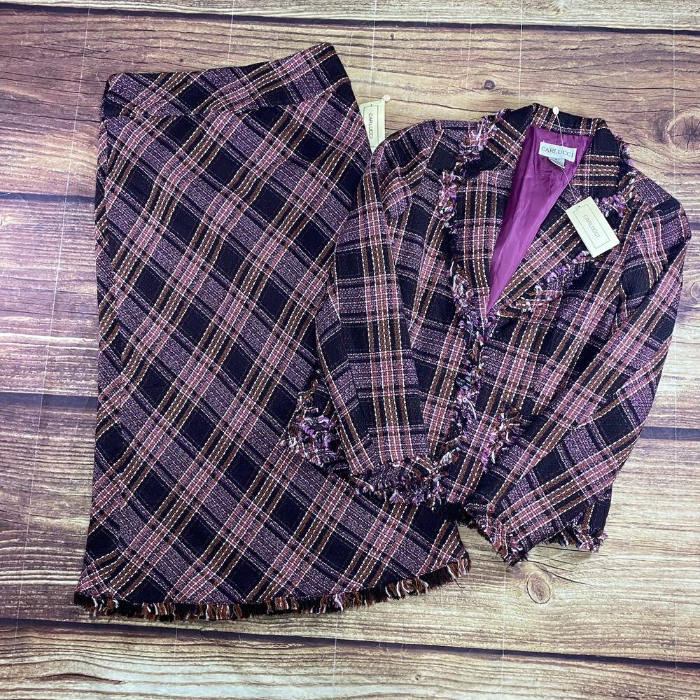 Carlucci 2pc Pink Plaid Tweed Boucle Acrylic Blend Skirt Suit Fringe Size 6